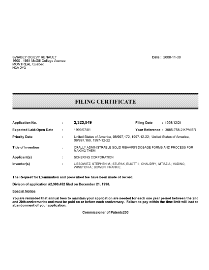 Document de brevet canadien 2323849. Correspondance 20001130. Image 1 de 1