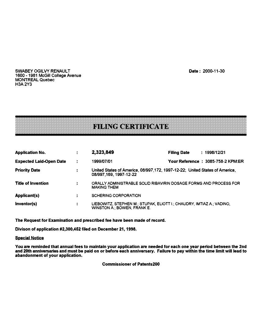 Canadian Patent Document 2323849. Correspondence 20001130. Image 1 of 1