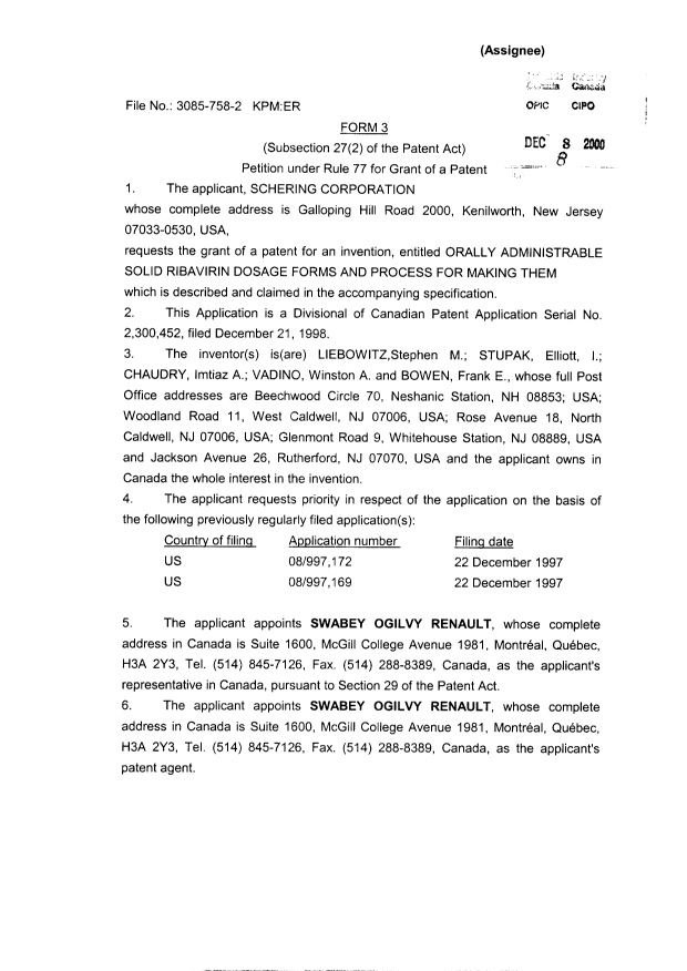 Canadian Patent Document 2323849. Correspondence 20001208. Image 2 of 2
