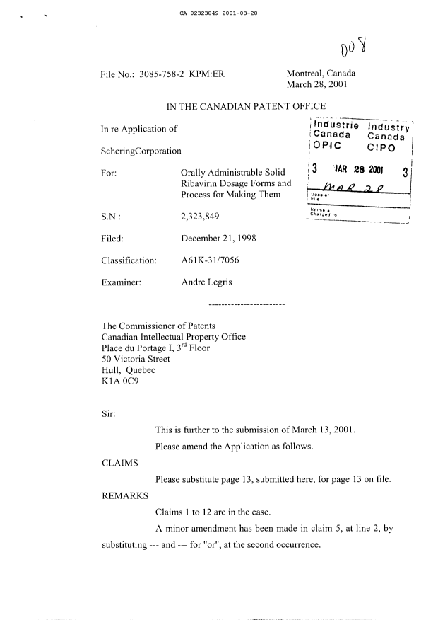 Canadian Patent Document 2323849. Prosecution-Amendment 20010328. Image 1 of 3