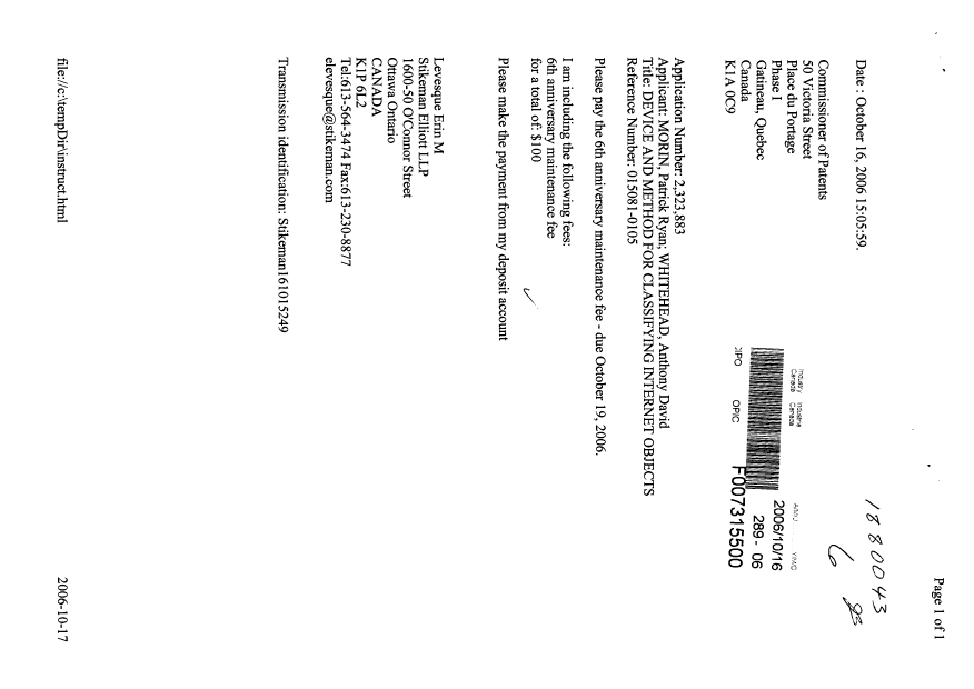 Document de brevet canadien 2323883. Taxes 20061016. Image 1 de 1