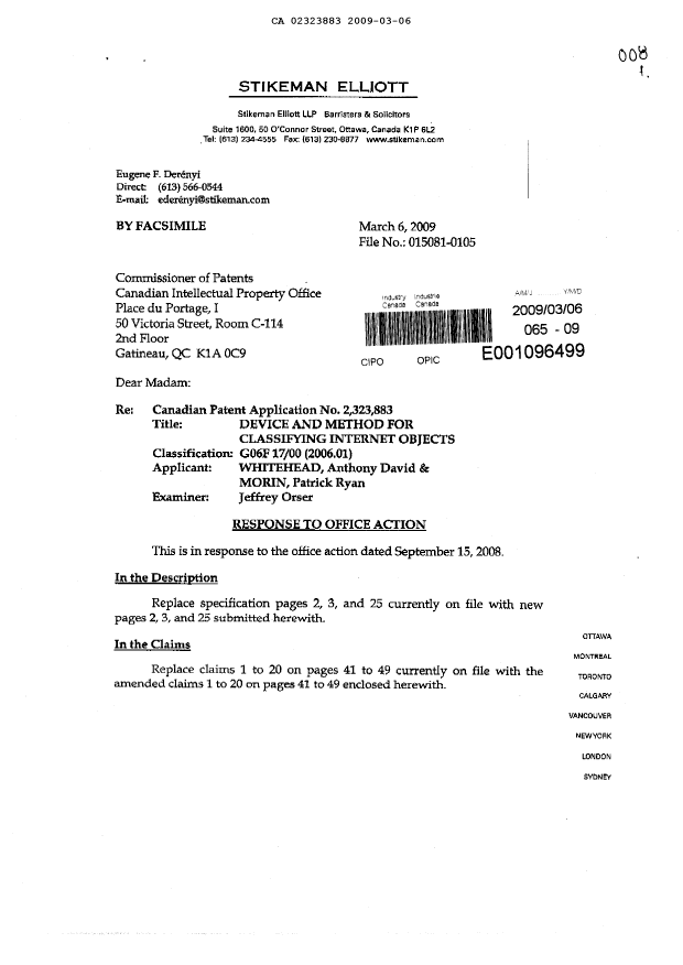Document de brevet canadien 2323883. Poursuite-Amendment 20081206. Image 1 de 16