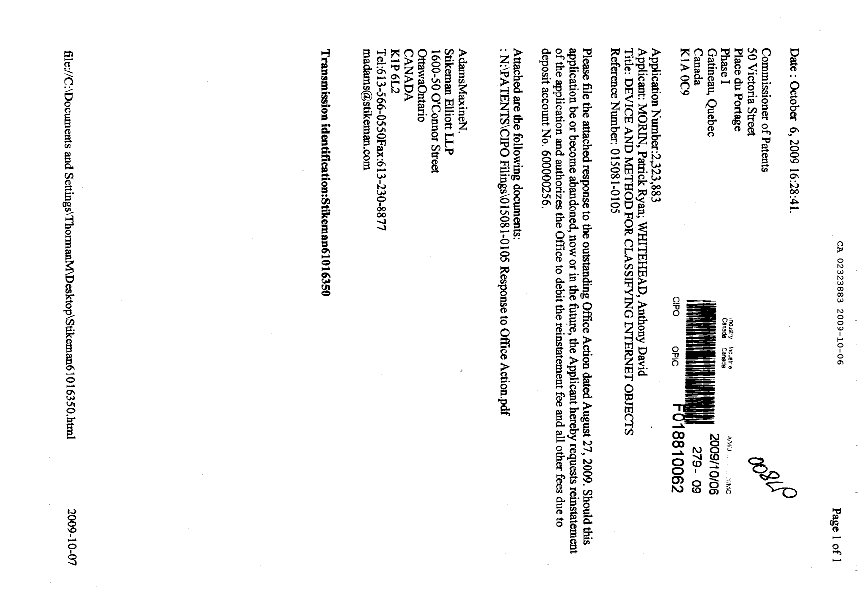 Canadian Patent Document 2323883. Prosecution-Amendment 20091006. Image 1 of 14