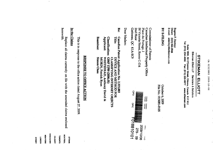 Canadian Patent Document 2323883. Prosecution-Amendment 20091006. Image 2 of 14