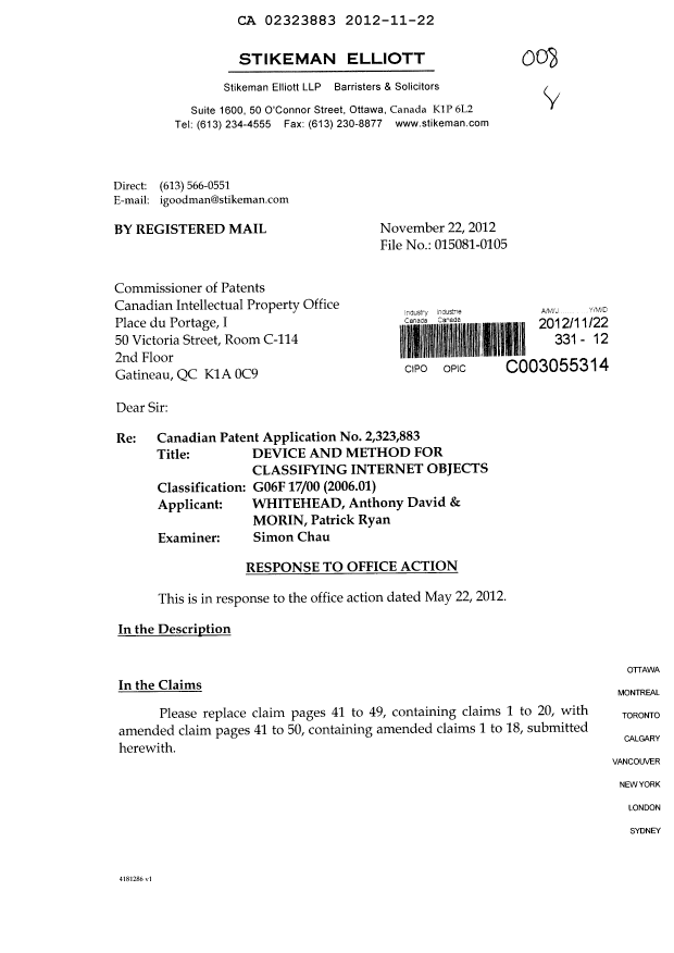 Document de brevet canadien 2323883. Poursuite-Amendment 20121122. Image 1 de 15