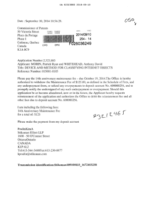 Document de brevet canadien 2323883. Taxes 20140910. Image 1 de 1