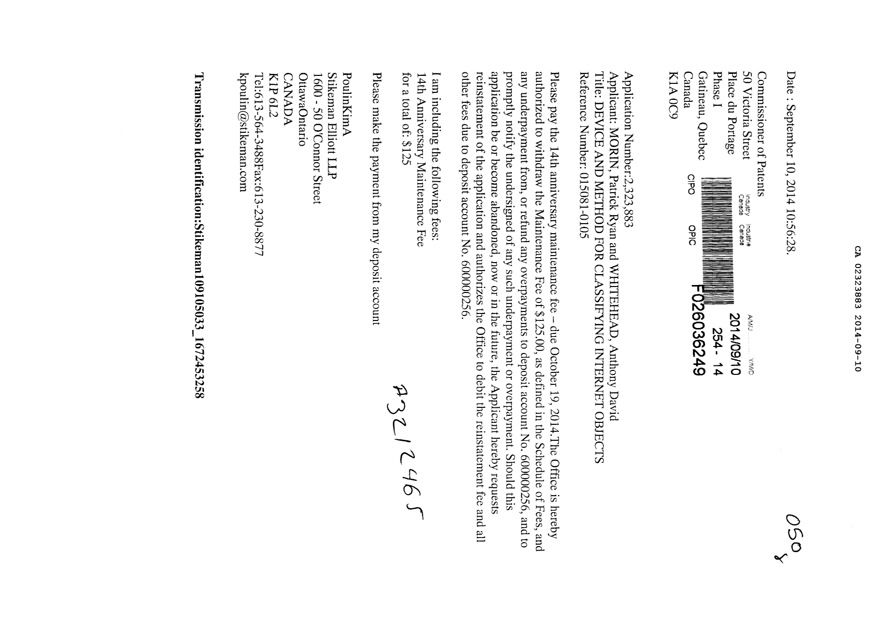 Canadian Patent Document 2323883. Fees 20140910. Image 1 of 1