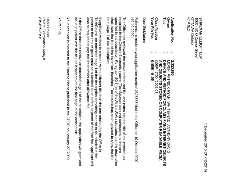 Document de brevet canadien 2323883. Correspondance 20141201. Image 1 de 2