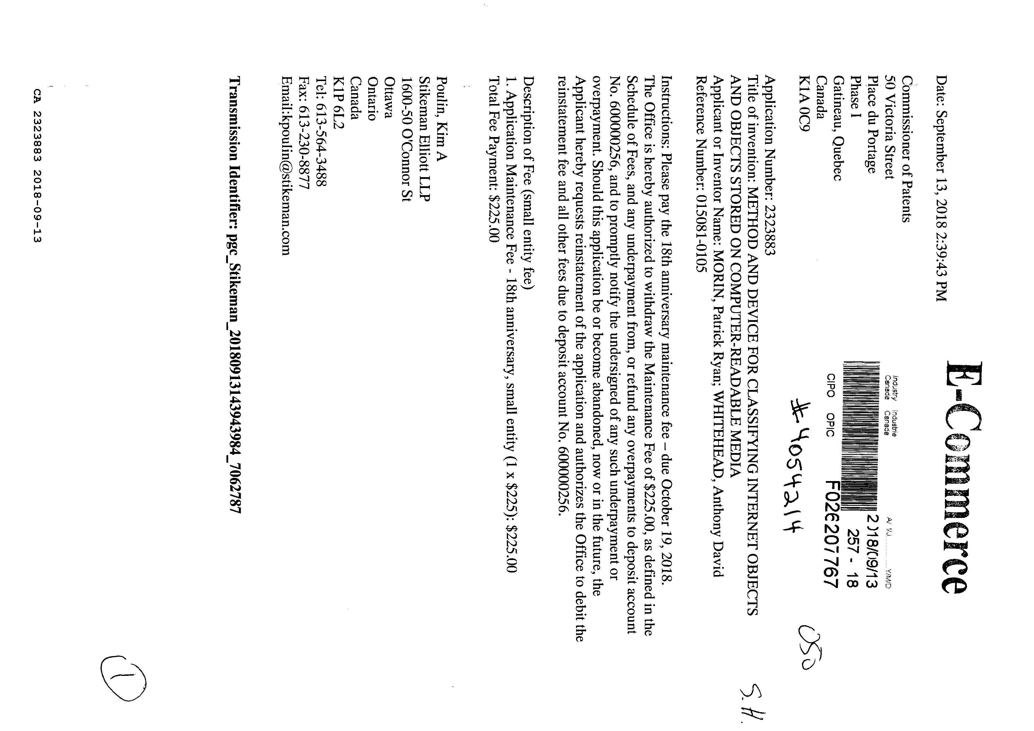 Canadian Patent Document 2323883. Fees 20171213. Image 1 of 1