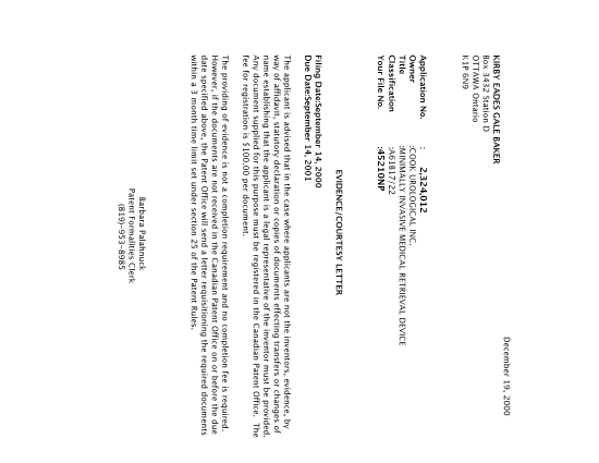 Document de brevet canadien 2324012. Correspondance 20001213. Image 1 de 1