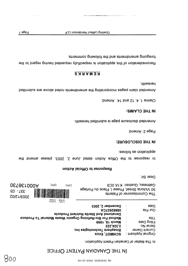 Canadian Patent Document 2324222. Prosecution-Amendment 20031202. Image 1 of 8