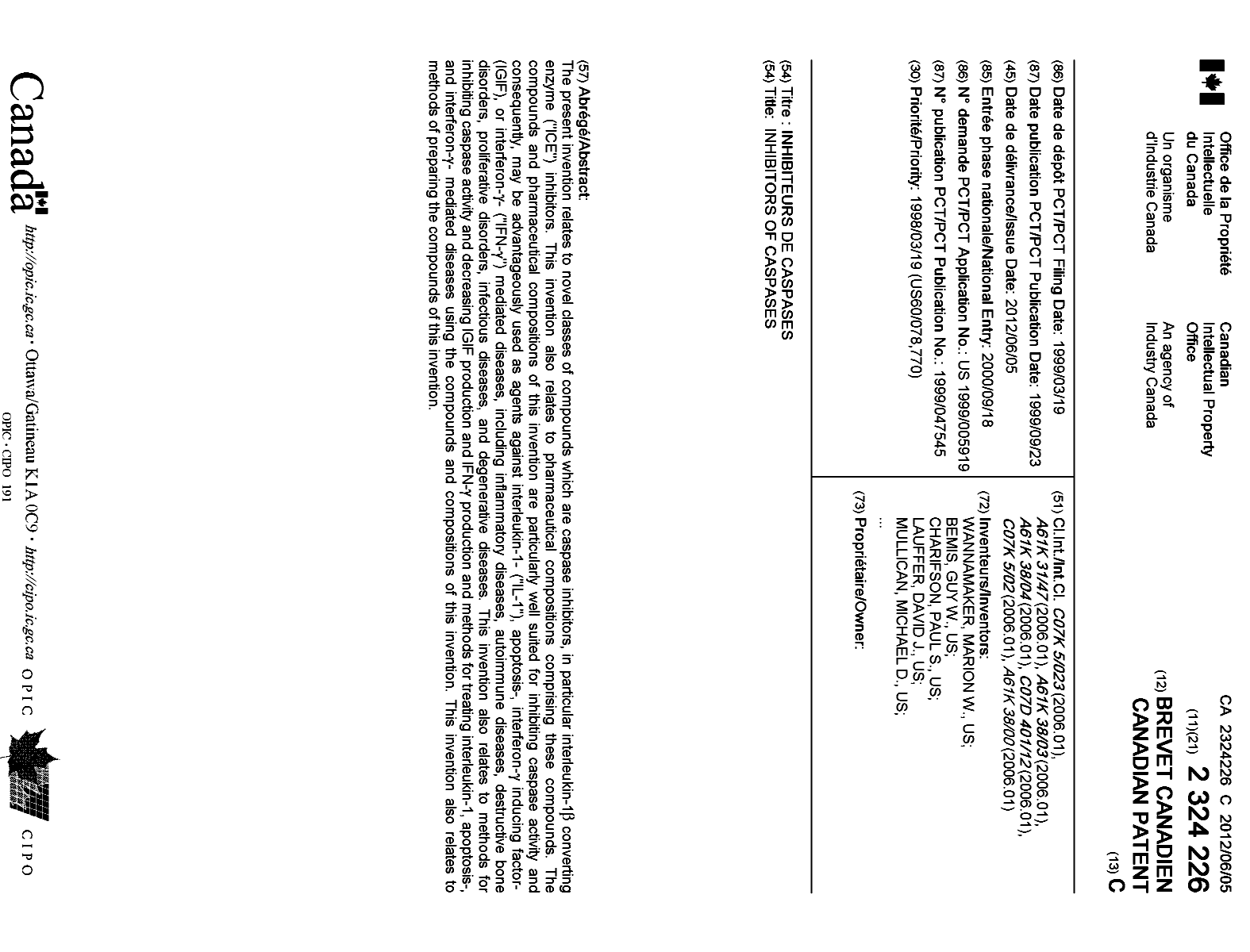 Canadian Patent Document 2324226. Cover Page 20120508. Image 1 of 1