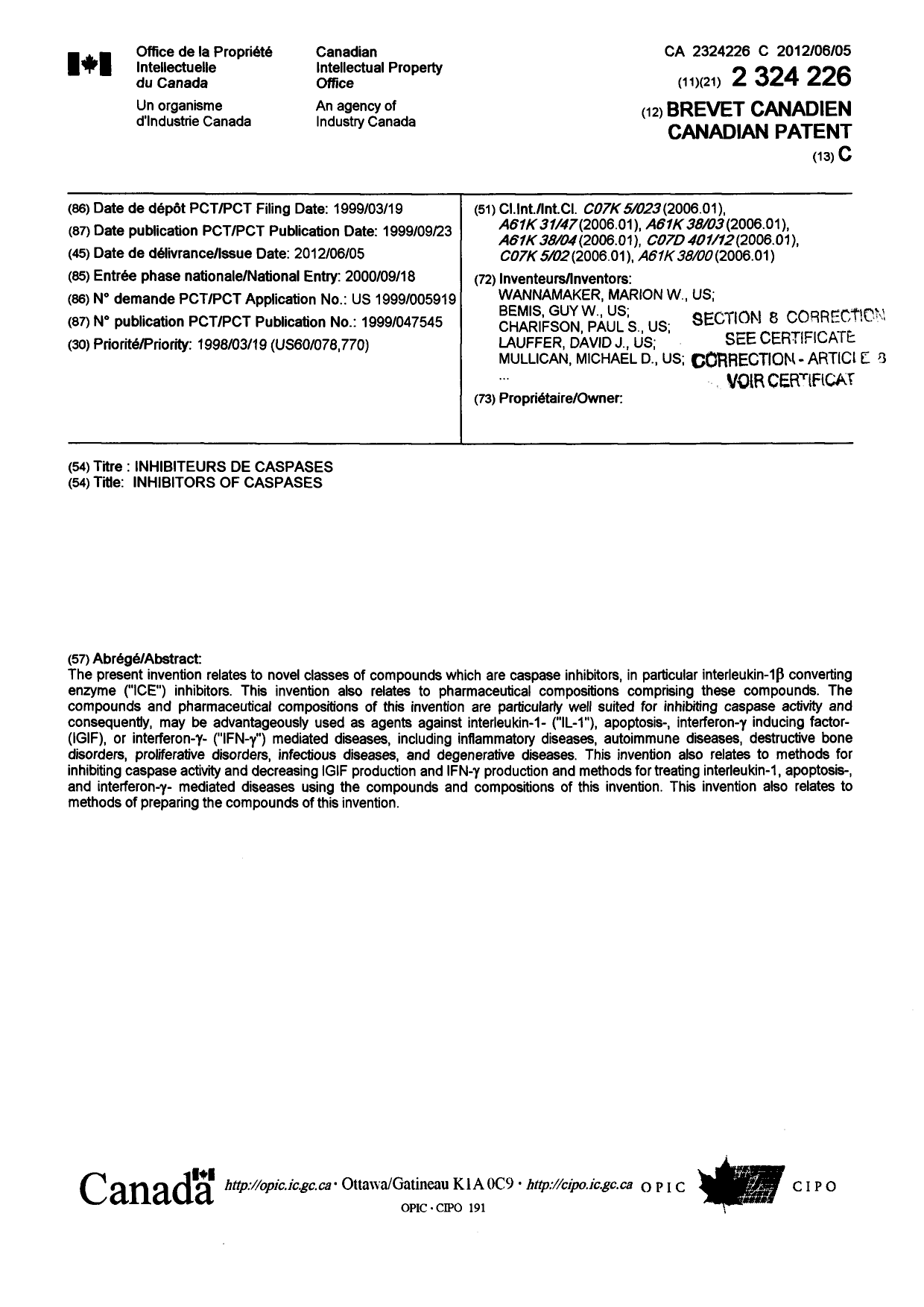Canadian Patent Document 2324226. Cover Page 20121115. Image 1 of 2