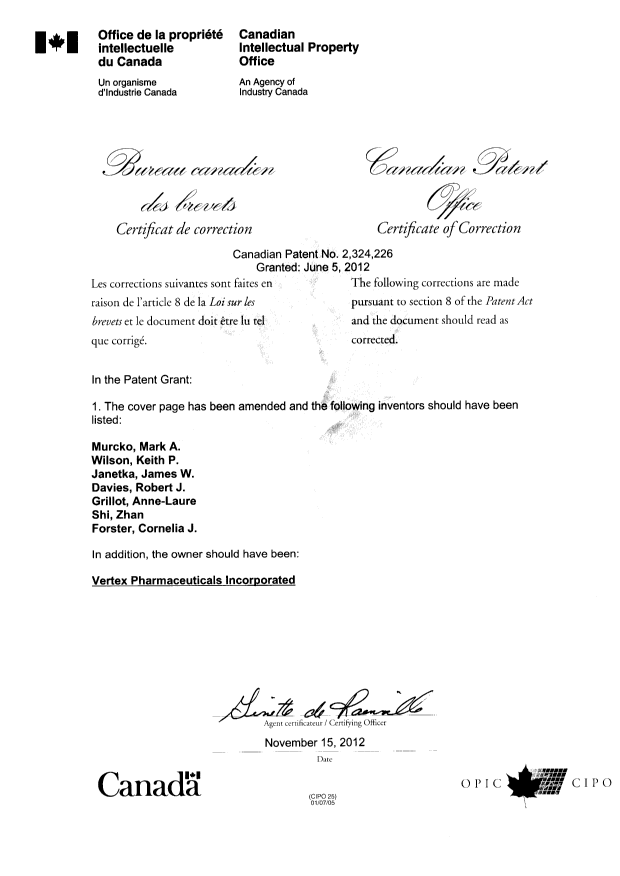 Document de brevet canadien 2324226. Page couverture 20121115. Image 2 de 2