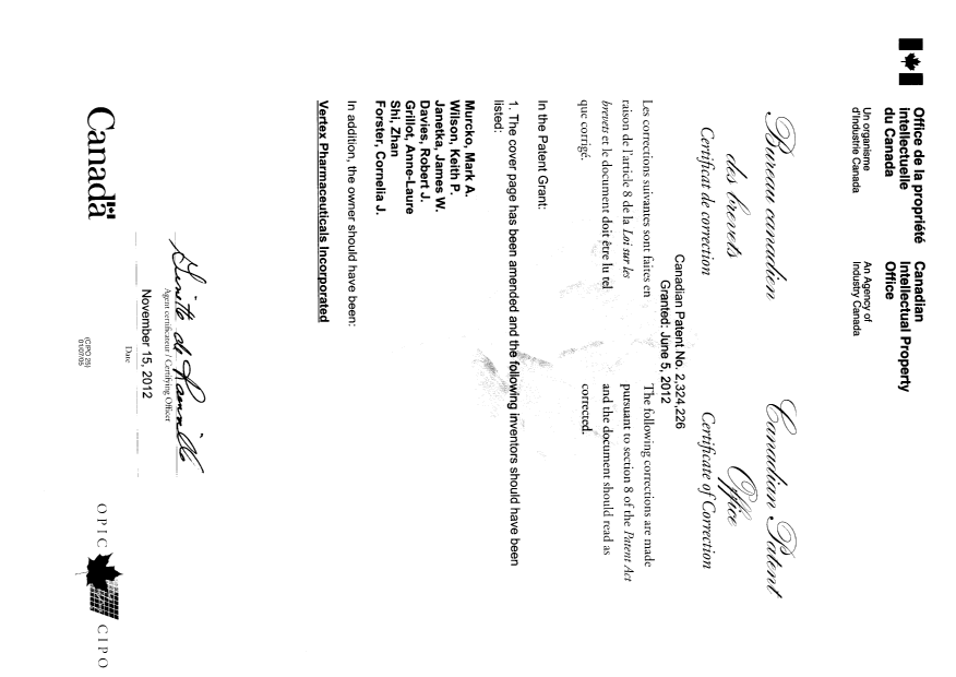 Canadian Patent Document 2324226. Cover Page 20121115. Image 2 of 2