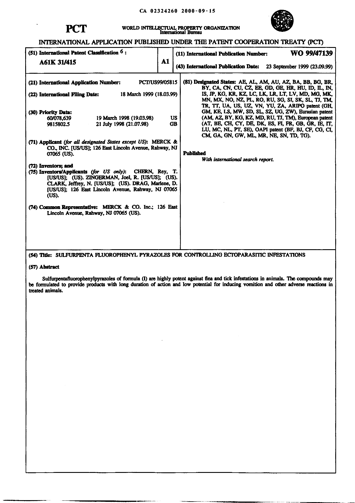 Document de brevet canadien 2324260. Abrégé 20000915. Image 1 de 1