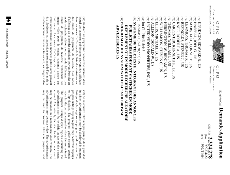 Document de brevet canadien 2324278. Page couverture 20001220. Image 1 de 2