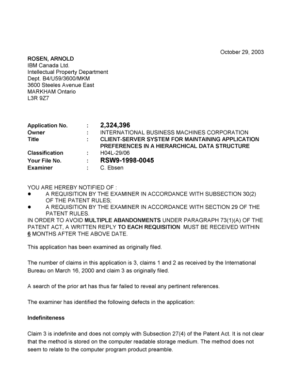 Document de brevet canadien 2324396. Poursuite-Amendment 20031029. Image 1 de 2