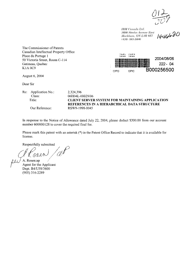 Canadian Patent Document 2324396. Correspondence 20040806. Image 1 of 1