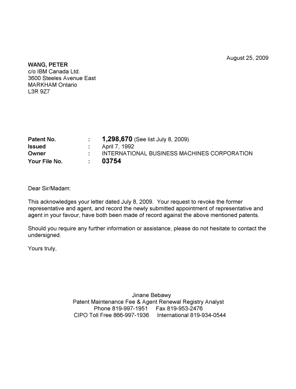 Document de brevet canadien 2324396. Correspondance 20090825. Image 1 de 1