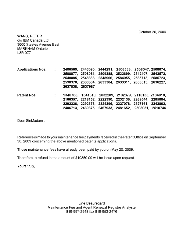 Document de brevet canadien 2324396. Correspondance 20091020. Image 1 de 1
