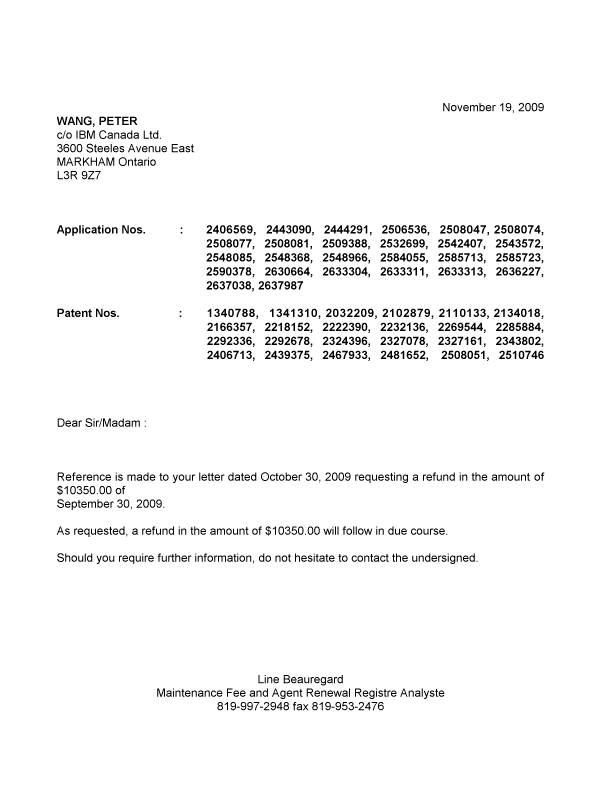 Document de brevet canadien 2324396. Correspondance 20091119. Image 1 de 1