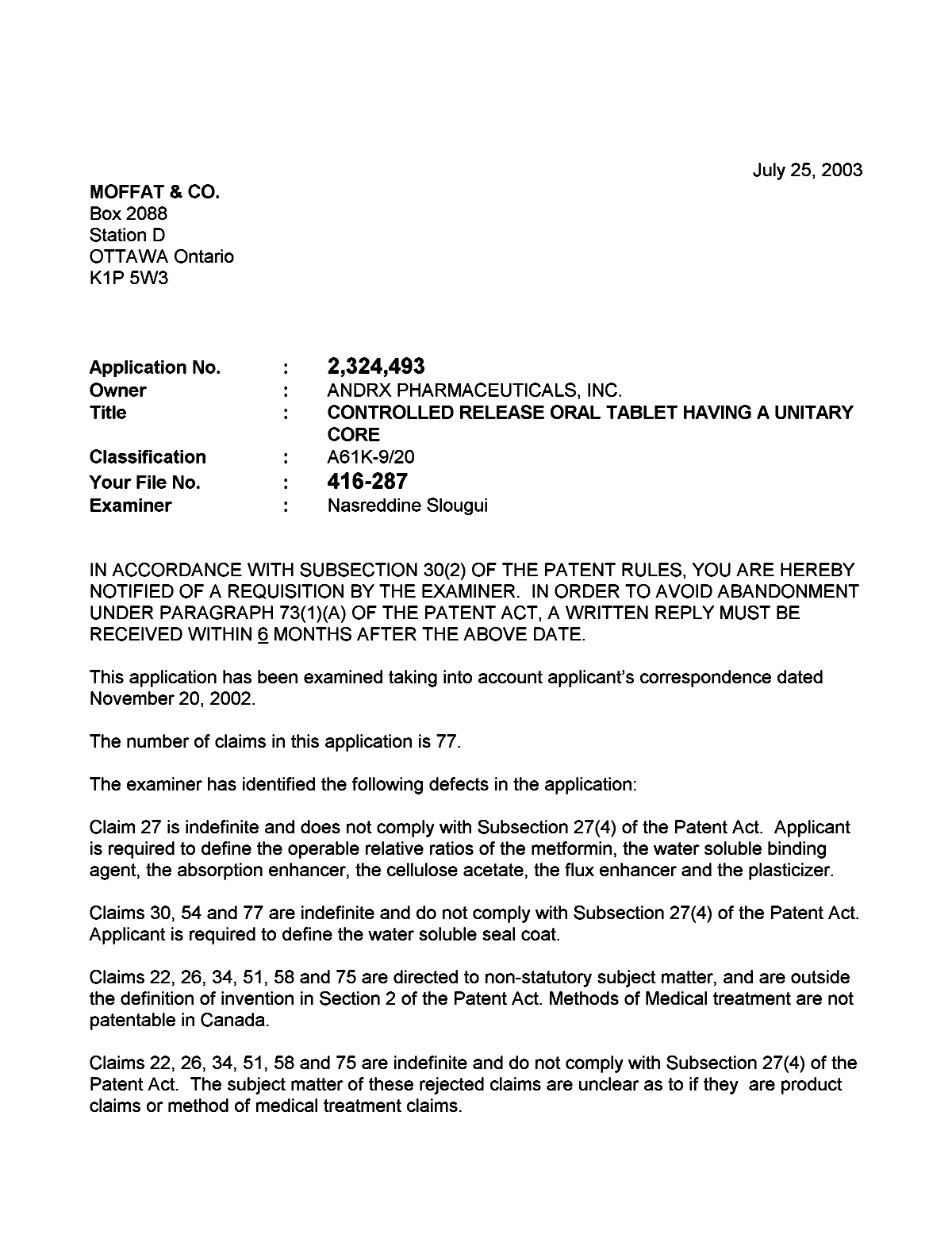 Document de brevet canadien 2324493. Poursuite-Amendment 20030725. Image 1 de 2