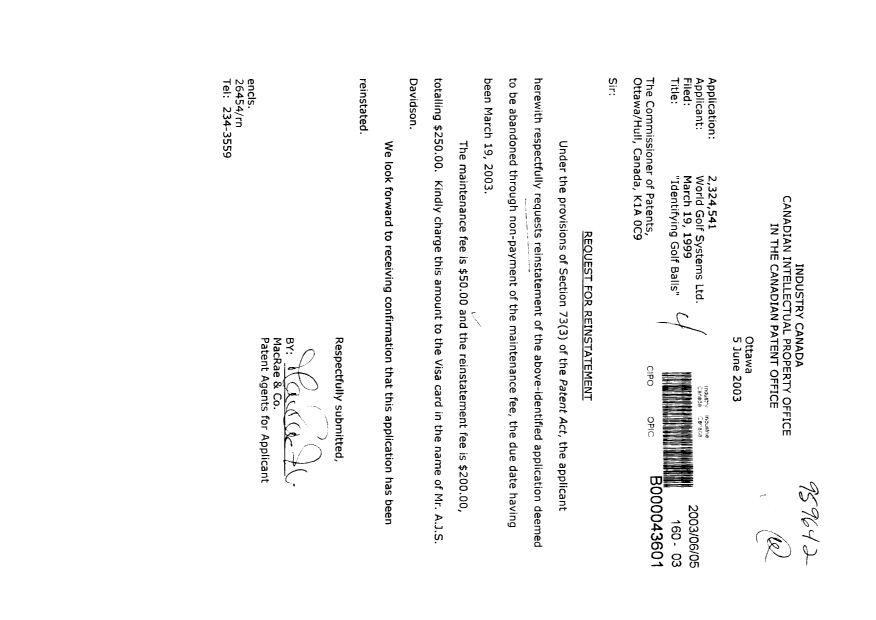 Document de brevet canadien 2324541. Taxes 20030605. Image 1 de 1