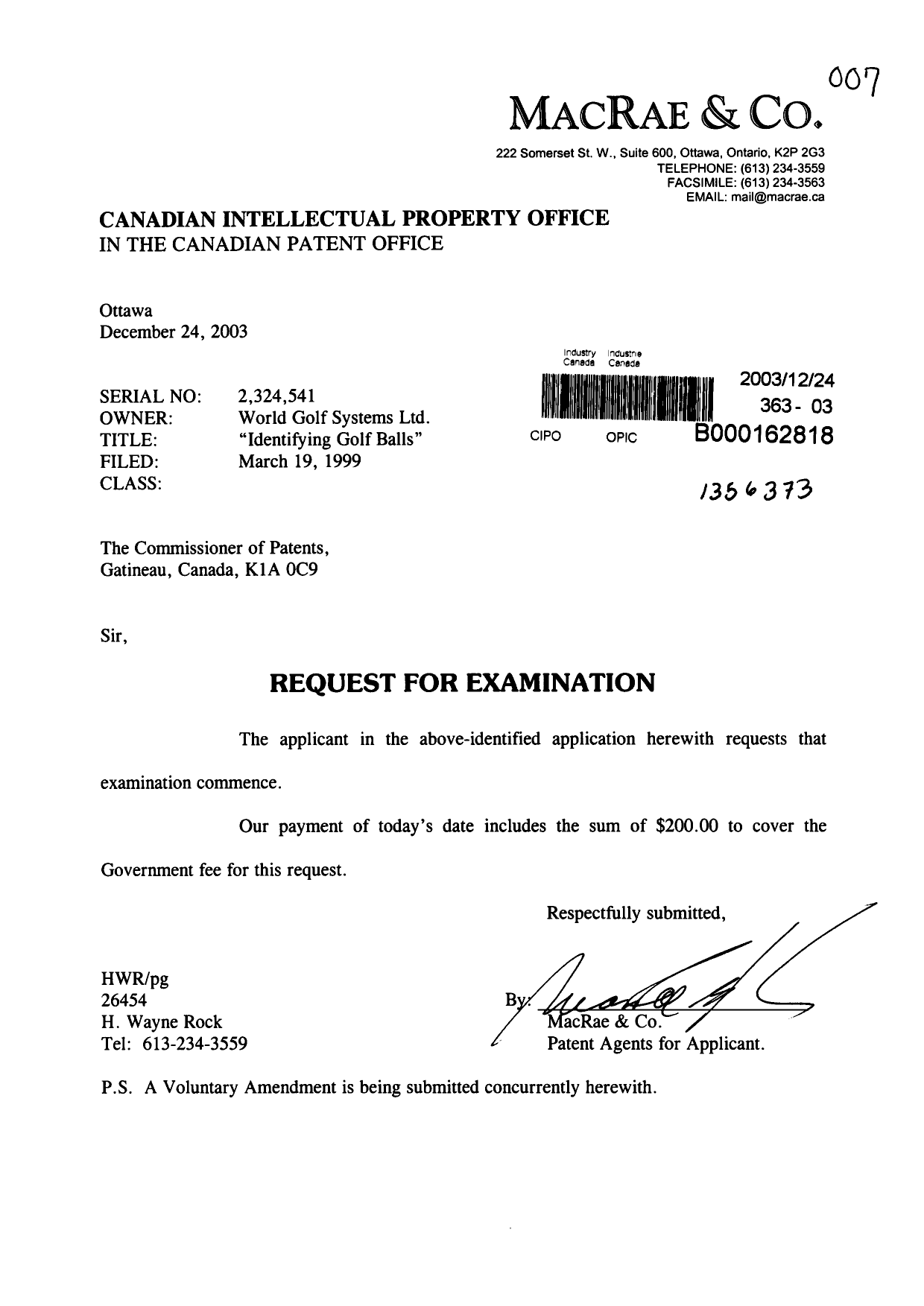 Document de brevet canadien 2324541. Poursuite-Amendment 20031224. Image 1 de 1