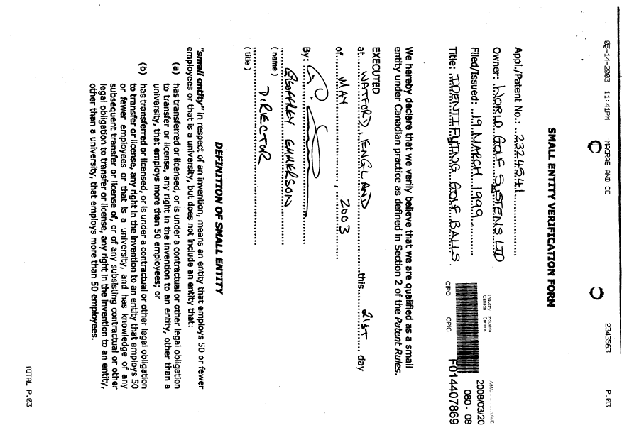Document de brevet canadien 2324541. Correspondance 20080320. Image 1 de 1