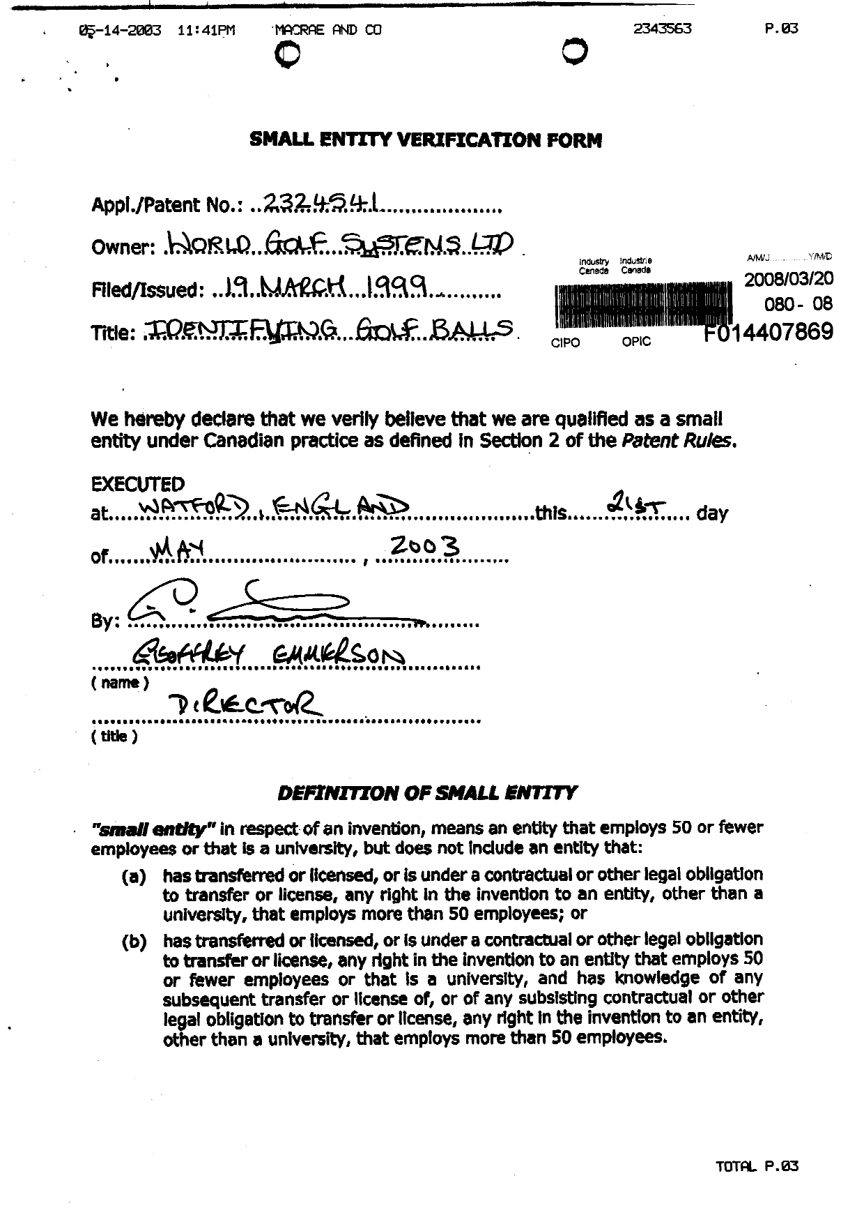 Document de brevet canadien 2324541. Correspondance 20080320. Image 1 de 1