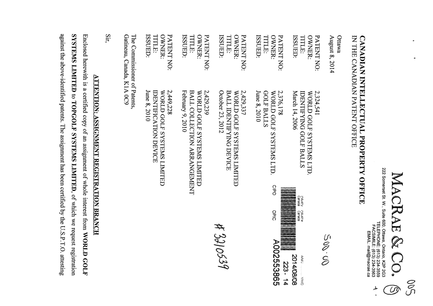 Document de brevet canadien 2324541. Cession 20140808. Image 1 de 16