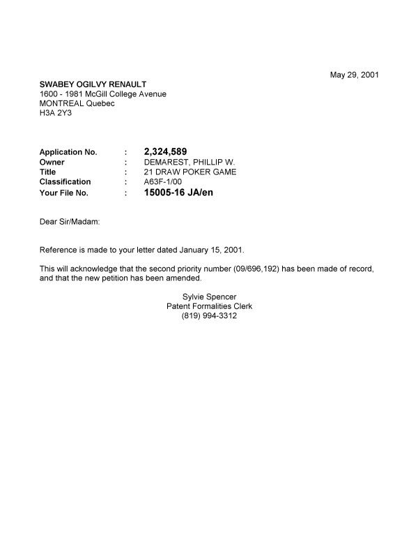 Document de brevet canadien 2324589. Correspondance 20010524. Image 1 de 1