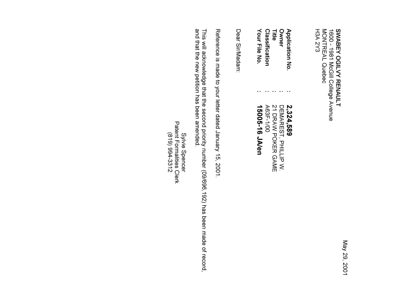 Canadian Patent Document 2324589. Correspondence 20010524. Image 1 of 1