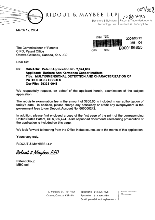 Canadian Patent Document 2324602. Prosecution-Amendment 20040312. Image 1 of 1
