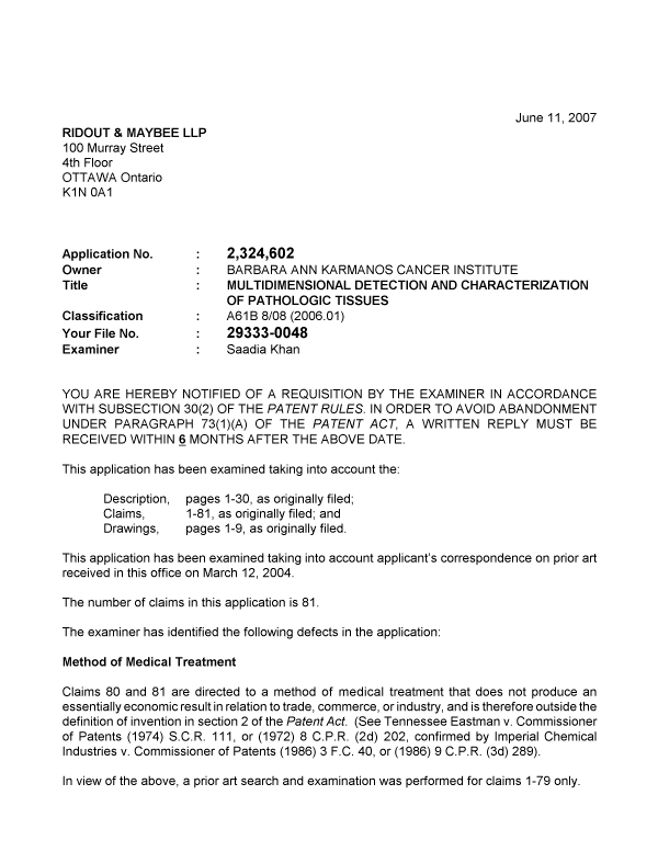 Canadian Patent Document 2324602. Prosecution-Amendment 20070611. Image 1 of 3