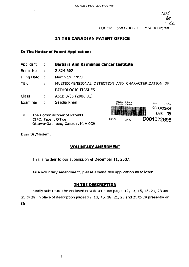 Canadian Patent Document 2324602. Prosecution-Amendment 20080206. Image 1 of 12