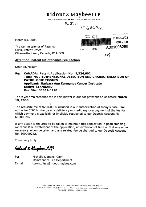 Canadian Patent Document 2324602. Fees 20080303. Image 1 of 1