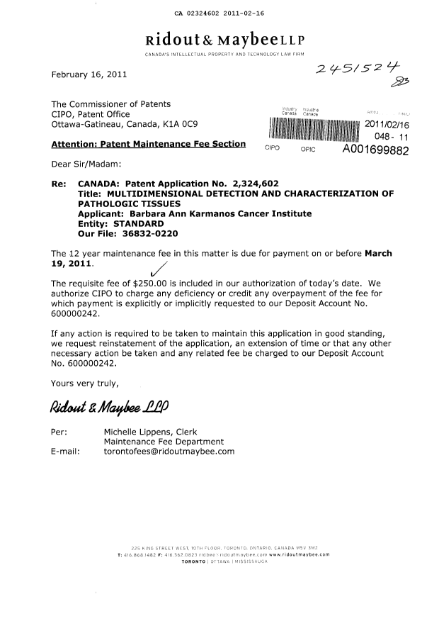 Canadian Patent Document 2324602. Fees 20110216. Image 1 of 1
