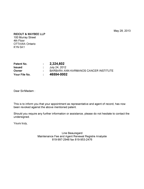 Canadian Patent Document 2324602. Correspondence 20130528. Image 1 of 1