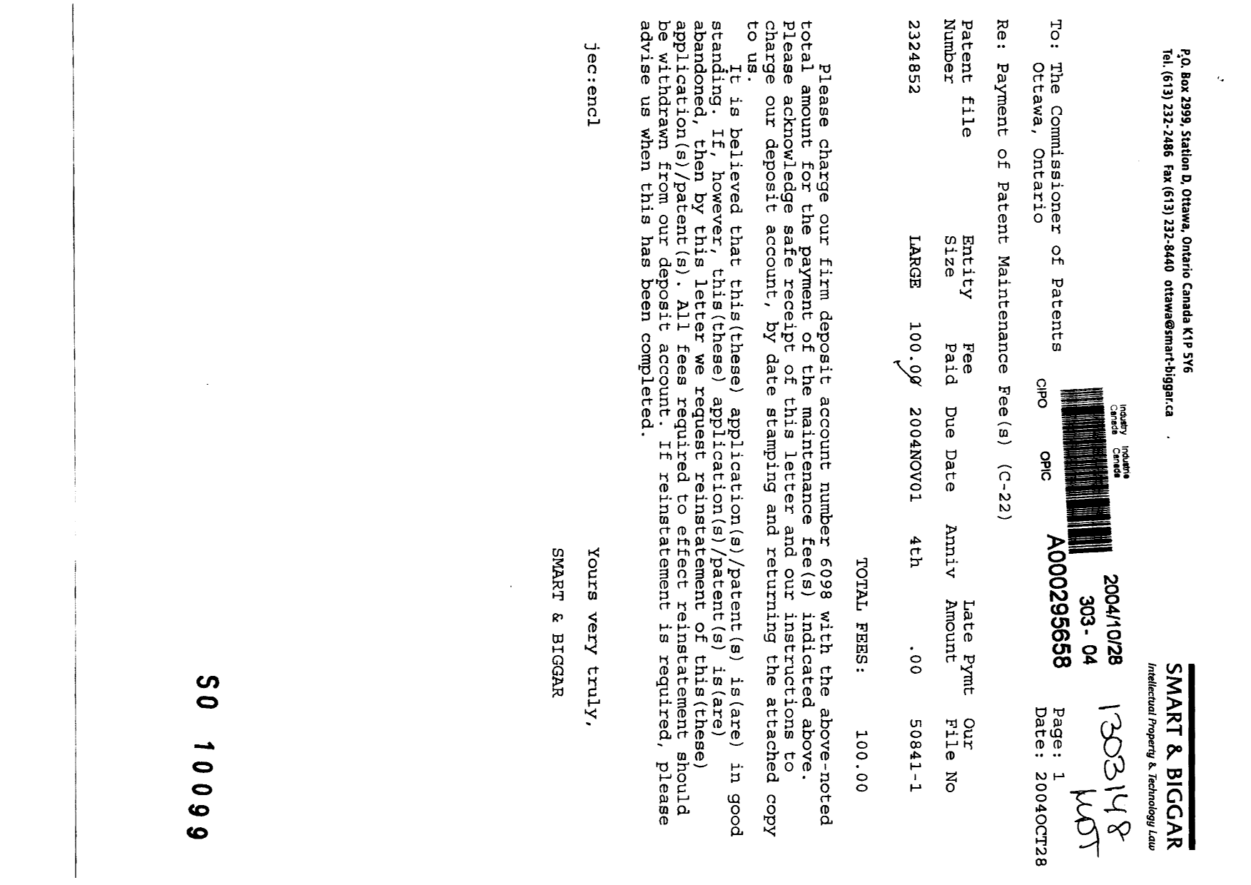 Document de brevet canadien 2324852. Taxes 20031228. Image 1 de 1