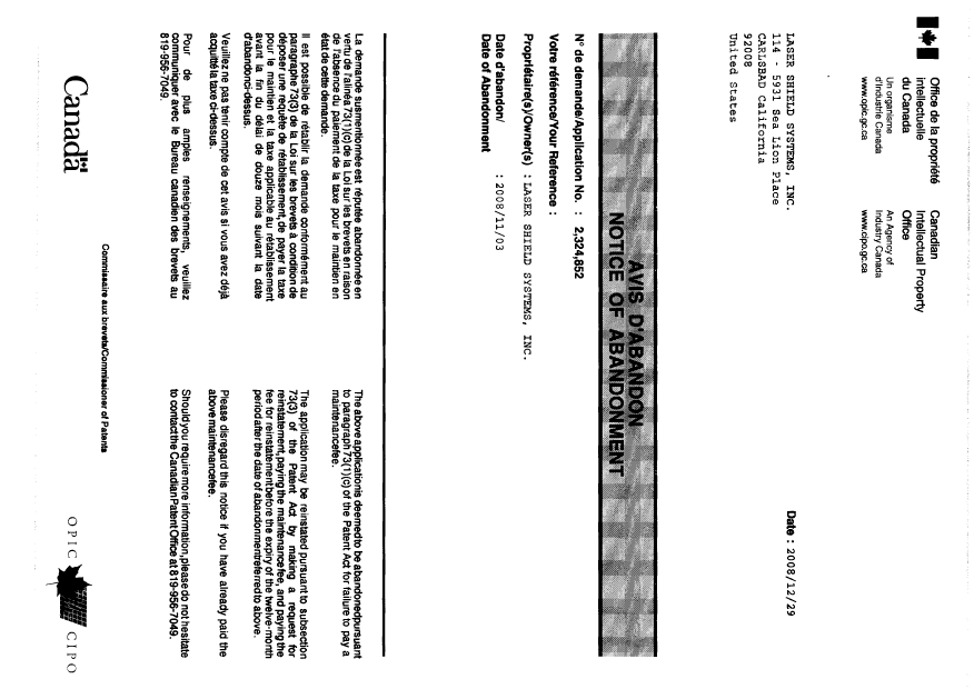 Canadian Patent Document 2324852. Correspondence 20071229. Image 1 of 2
