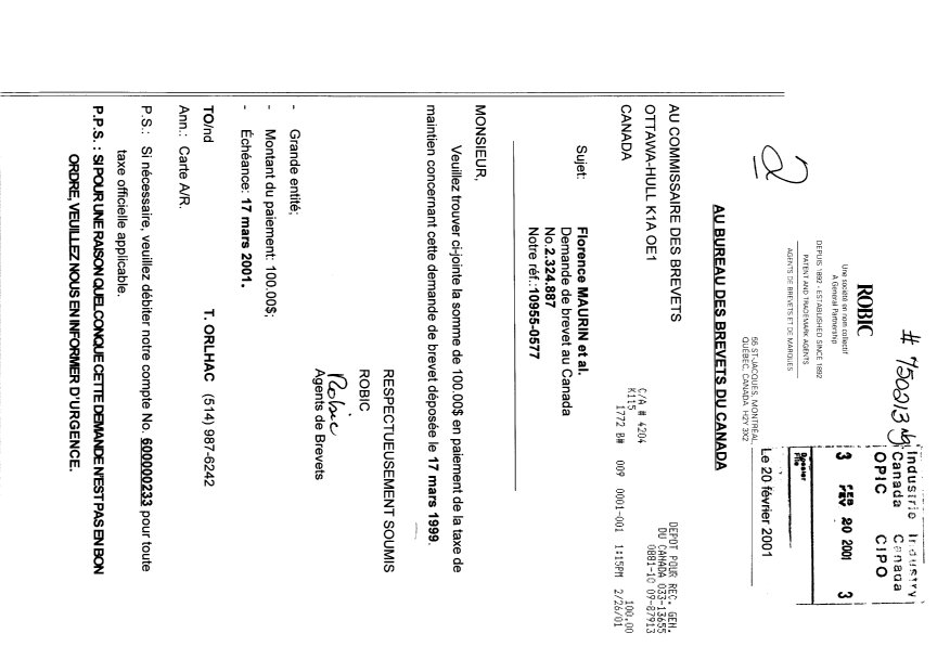 Document de brevet canadien 2324887. Taxes 20010220. Image 1 de 1