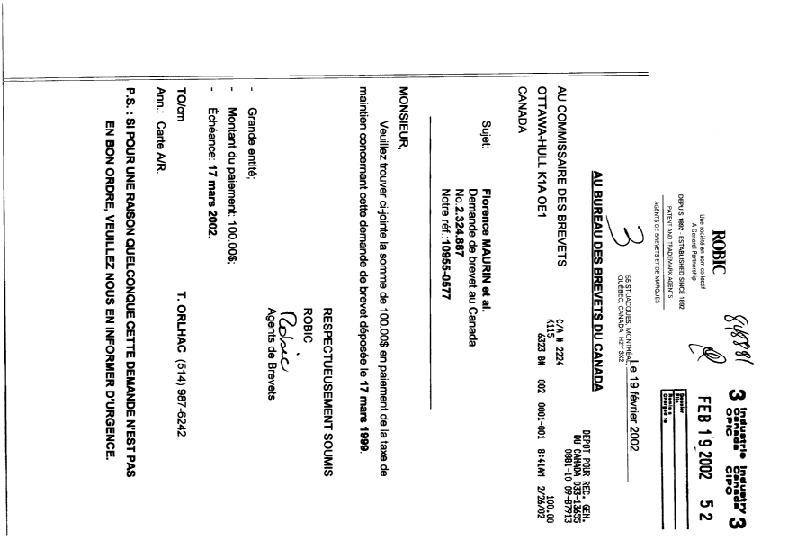 Document de brevet canadien 2324887. Taxes 20020219. Image 1 de 1