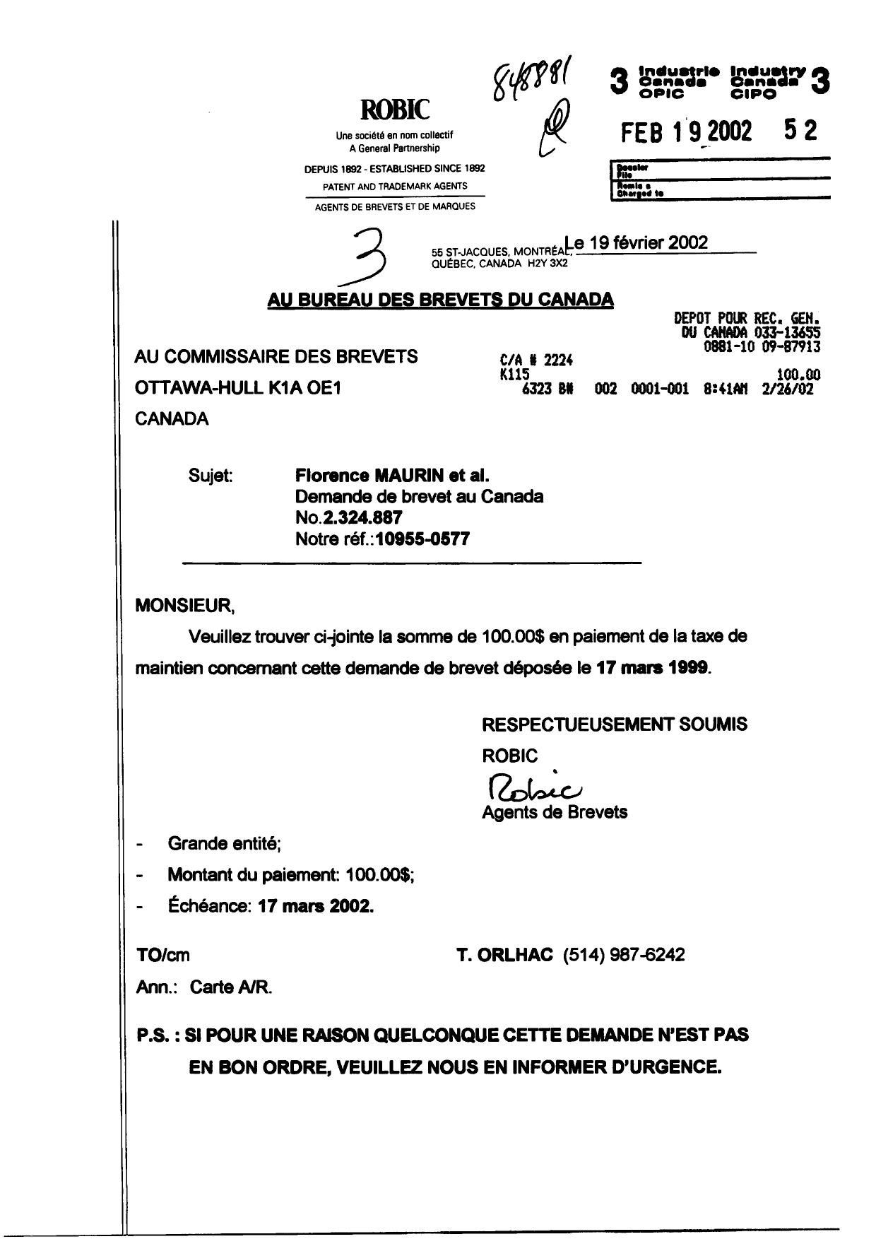 Document de brevet canadien 2324887. Taxes 20020219. Image 1 de 1