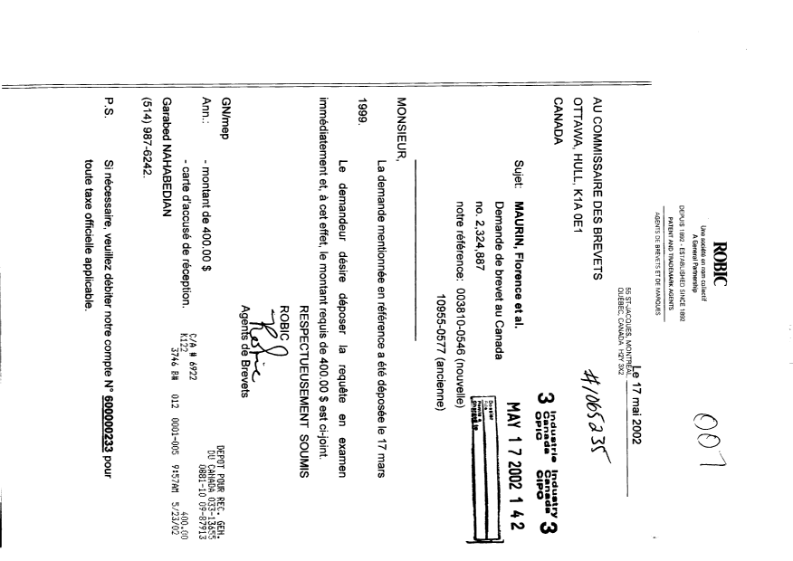Document de brevet canadien 2324887. Poursuite-Amendment 20020517. Image 1 de 1