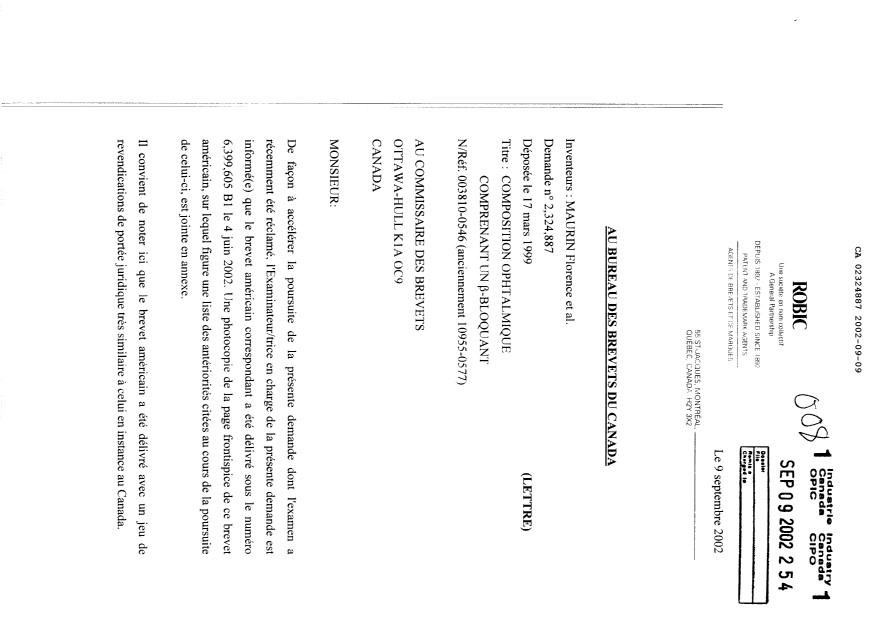 Document de brevet canadien 2324887. Poursuite-Amendment 20020909. Image 1 de 2