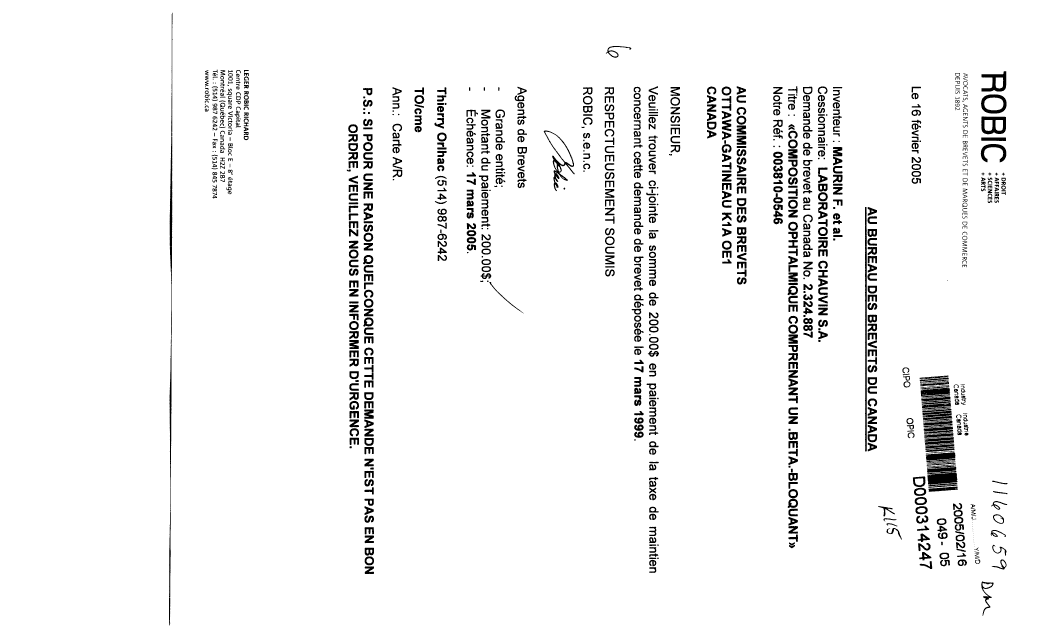 Document de brevet canadien 2324887. Taxes 20050216. Image 1 de 1