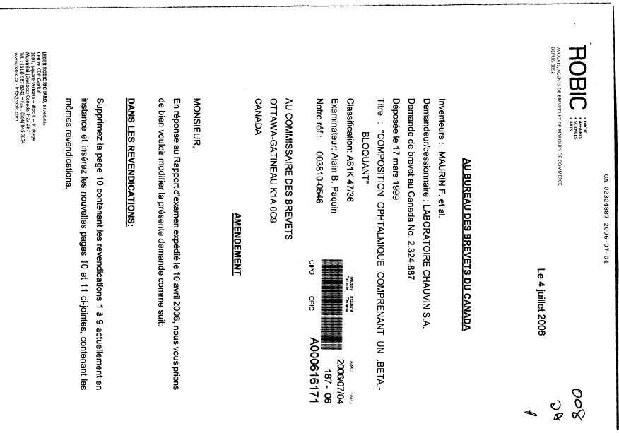 Document de brevet canadien 2324887. Poursuite-Amendment 20060704. Image 1 de 6