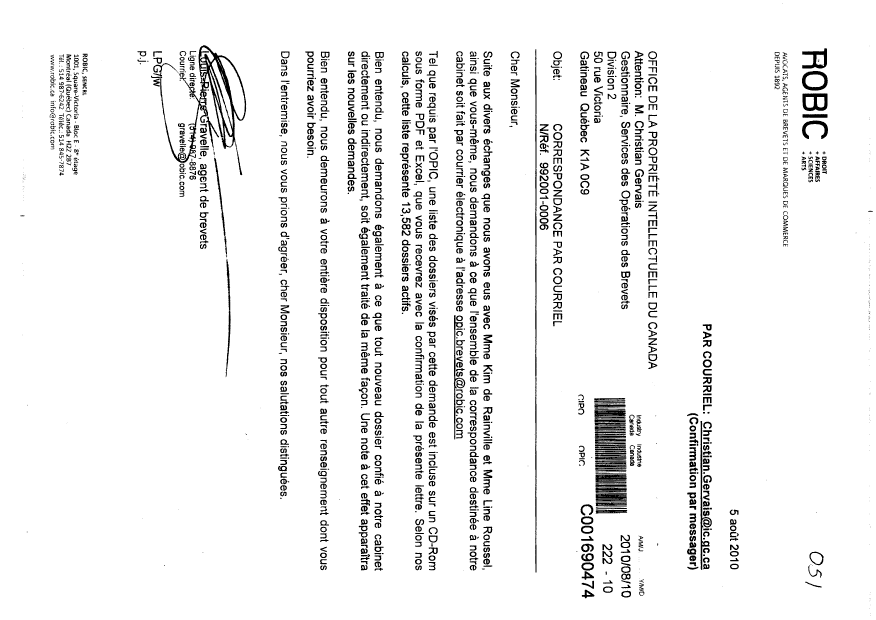 Document de brevet canadien 2324887. Correspondance 20100810. Image 1 de 1
